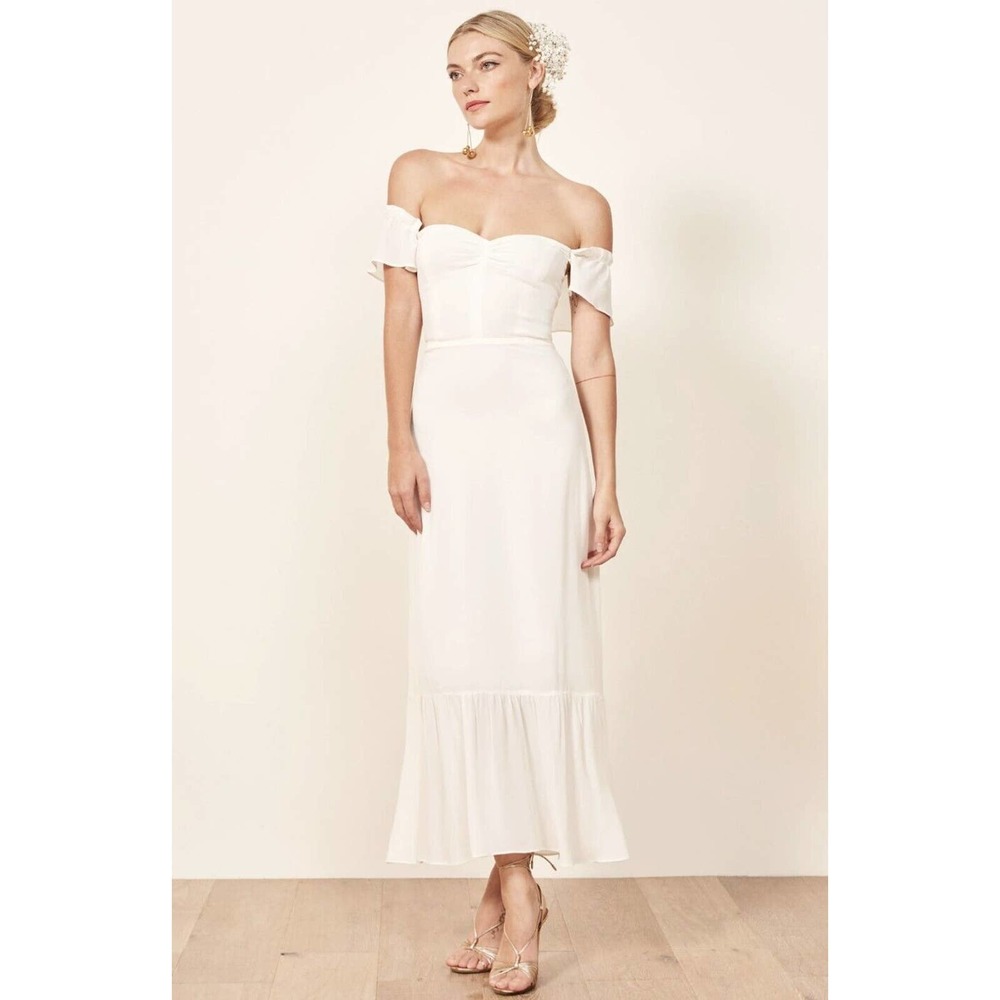 NWT $278 Reformation Butterfly Dress Ivory Midi Ruffle Off The Shoulder Formal 8